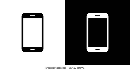 Se muestran dos iconos de teléfonos inteligentes, uno negro sobre un fondo blanco, el otro blanco sobre negro. Cada uno tiene una pantalla rectangular y detalles de línea Horizontal.