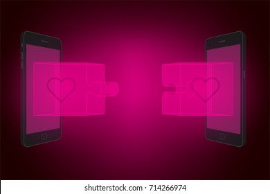 Two smartphone with jigsaw puzzle 3d and heart symbol set Love Disconnect concept idea illustration isolated glow in the dark background, with copy space
