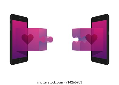 Two smartphone with jigsaw puzzle 3d and heart symbol set Love Disconnect concept idea illustration isolated on white background, with copy space
