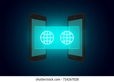 Two smartphone with jigsaw puzzle 3d and network symbol set Network Connect concept idea illustration isolated glow in the dark background, with copy space