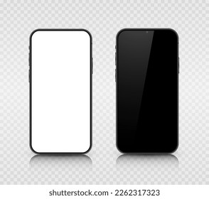Two smartphone layouts with a black and white screen on a transparent background. Realistic 3D mobile phones with shadows and highlights. Vector illustration.