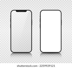 Zwei Smartphone-Layouts mit weißem und transparentem Bildschirm. Realistische 3D-Mobiltelefone mit Schatten und Highlights auf transparentem Hintergrund. Vektorgrafik.