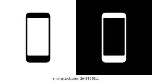 Dois modelos de smartphone isolados contra fundos preto e branco contrastantes, com uma silhueta de tela. Design minimalista para um ícone técnico.