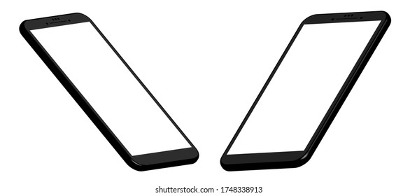 Dos maquetas de smartphone. plantilla de diseño 3D de la interfaz de usuario para ilustraciones. Escala de grises en fondo de degradado de color con pantalla blanca.