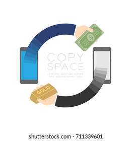 Two Smartphone with pop up hand holding cash and gold circle shape set Exchange cash (dollar) and gold concept illustration isolated on white background with copy space