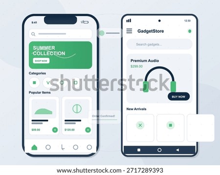 Two smartphone screens display online shopping interfaces. The left screen shows summer collection items. The right screen features a premium audio product. Both have buttons for shopping.