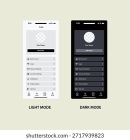 Duas telas de smartphone exibindo configurações de perfil de modo claro e escuro com informações e opções do usuário