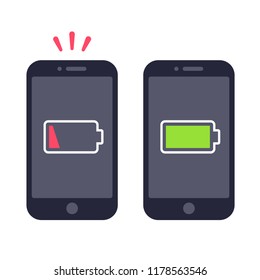 Two smartphones with battery level icons, low energy and full charge. Simple cartoon vector illustration.