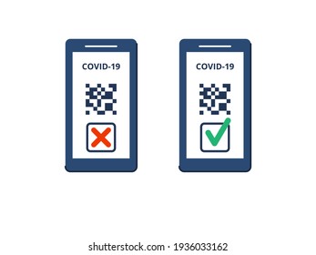 Two smartphones with COVID-19 test results. Vector on isolated white background.