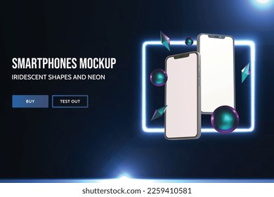 Two smartphones devices mockup with iridescent 3D shapes and neon frame on dark background