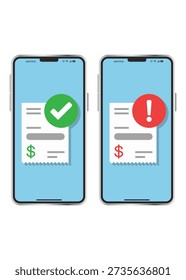 Two smartphones displaying digital transaction receipts with a green checkmark for successful payments and a red exclamation mark for failed processing.