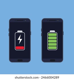 Zwei Smartphones mit Energiestufensymbolen, niedrigem Akku und voll aufgeladen. Vektorillustration im flachen Stil