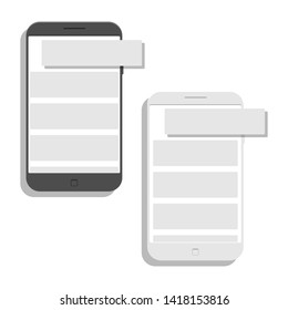 Two smartphones with floating message form. Template for chat conversation and incoming text on mobile phone.