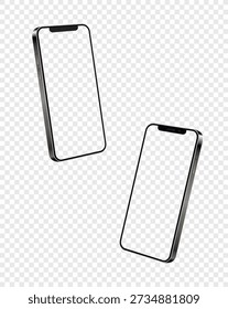 Two smartphones floating on transparent background. Mobile phones mockup for application display or presentation