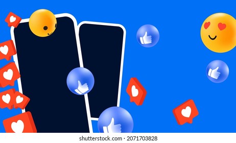 Two smartphones and flying Emoji. Digital Mockup. Vector illustration