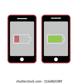 Two smartphones with a full battery charge and a dead battery.