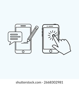 Dos smartphones con la mano que toca la pantalla y el lápiz. Concepto de desarrollo de App móviles, marketing y comunicación. Ilustración vectorial moderna en estilo de arte de línea.