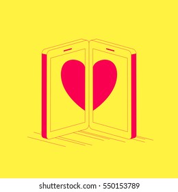 Two smartphones with the heart on its screens. Online dating concept illustration.
