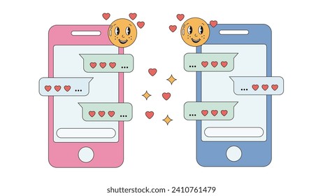 Two smartphones with hearts, emoji, romantic messages; love correspondence in retro groovy style. For card, poster, social media posts. Valentine day greeting.