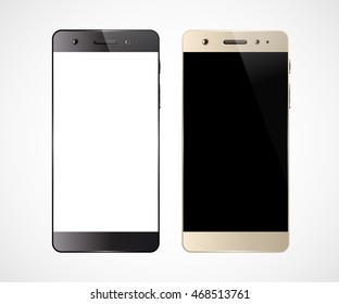 Two smartphones isolated on white background. Cell phone mockup design. Mobile phone with blank screen. Vector illustration.