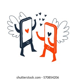 Two smartphones with love message. Cute smartphones with wings. Creative romantic vector illustration.