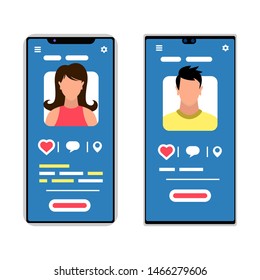 Two smartphones with male and female silhouettes. Social media, mobile messenger, applications for dating, meeting, communication, learning. Vector cartoon flat icons isolated on white background.