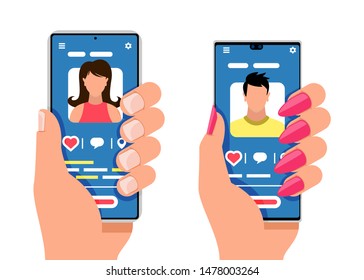 Two smartphones with male and female silhouettes. Social media, mobile messenger, applications for dating, meeting, communication, learning. Vector cartoon flat icons isolated on white background.