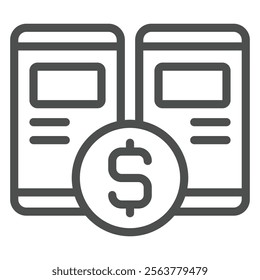 Two smartphones pairing line icon, financial advice concept. Vector graphics. Dollar coin with phones, bill sharing sign on white background, outline style icon for mobile or web design