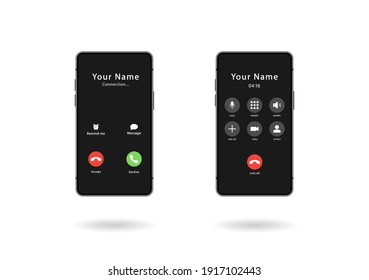 Two smartphones. Phone call screen installed. Accept button, reject button. Incoming call. Interface. Phone call screen template mockup. Vector illustration