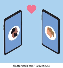 Two smartphones. Profile images on screens. Love between two people. Image of a heart between two smartphones