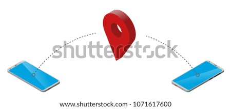 two smartphones and sign of location. isometry. white background. message transmission