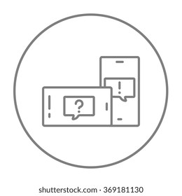 Two smartphones with speech squares on screen line icon.