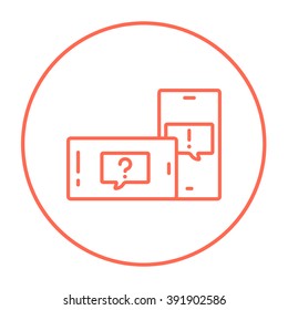 Two smartphones with speech squares on screen line icon.