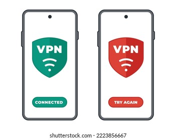 Two smartphones with VPN with a connection button. Phone icon with VPN on the screen