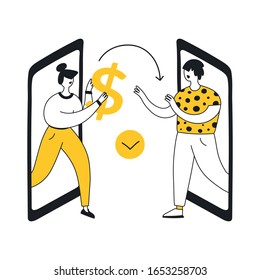 Two smartphones and woman giving giant dollar sign to man. From hand to hand concept, transaction, secure mobile payment, money transfer service, donation. Flat line modern vector illustration icon.