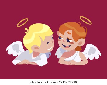 Two smiling angels in love, cartoon style, for valentine's day cards or wedding card