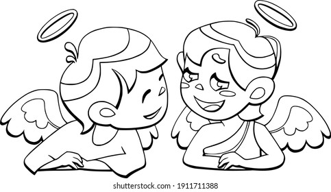 Two smiling angels in love, cartoon style. Page from coloring pages, valentine, valentine's day card, vignette, or wedding card. Black-and-white outline