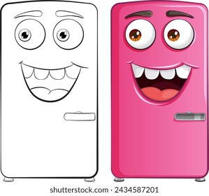 Two smiling animated fridges, one pink and one white.