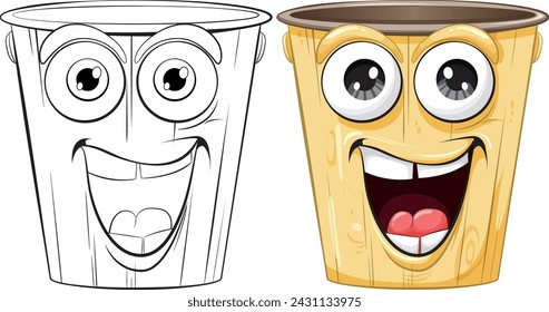 Two smiling animated trash bins, one colored, one outlined.