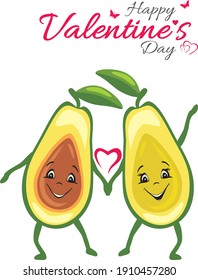 Two smiling avocado with heart. Romantic funny design. Vector