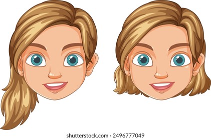 Dos caras sonrientes de la mujer rubia con los ojos azules