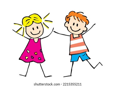 Two smiling bouncing kids, boy with girl, cute vector illustration