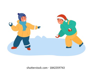 Two Smiling Boys Playing Snowball Fight Outdoors. Flat Vector Illustration. Isolated On White.