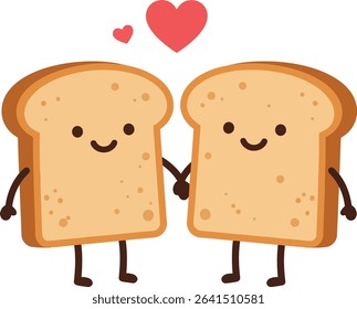 Two smiling bread slices hold hands with a red heart floating above them, depicting friendship and love in a simple, cheerful style. Whimsical mood.
