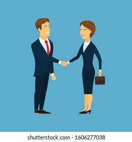 Two smiling business partners handshake. European businessman meeting with European business lady. Business woman with suitcase in hands. International business. Vector flat bright illustration.