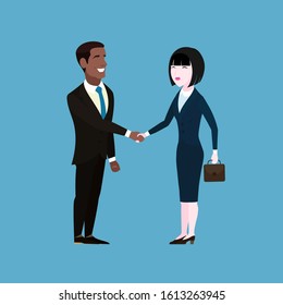 Two smiling business partners handshake. African American businessman meeting with Asian smart businesslady. Business woman with suitcase in hands. International friends. Vector flat illustration.