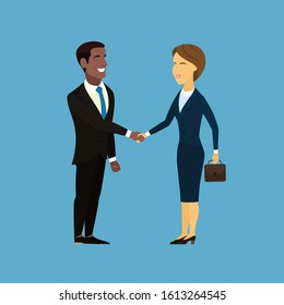 Two smiling business partners handshake. African American businessman meeting with European smart businesslady. Business woman with suitcase in hands. International friends. Vector flat illustration.