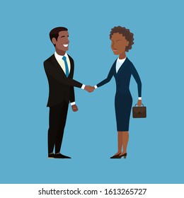 Two smiling business partners handshake. African American businessman meeting with African American business lady. Businesswoman with suitcase in hands. International friends. Vector illustration.