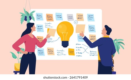 Two smiling business people collaborating on a whiteboard filled with sticky notes and a large lightbulb, representing a brainstorming session or idea generation workshop. Flat design illustration