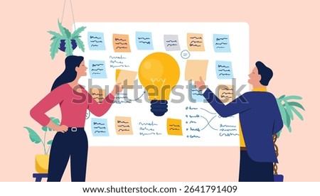 Two smiling business people collaborating on a whiteboard filled with sticky notes and a large lightbulb, representing a brainstorming session or idea generation workshop. Flat design illustration